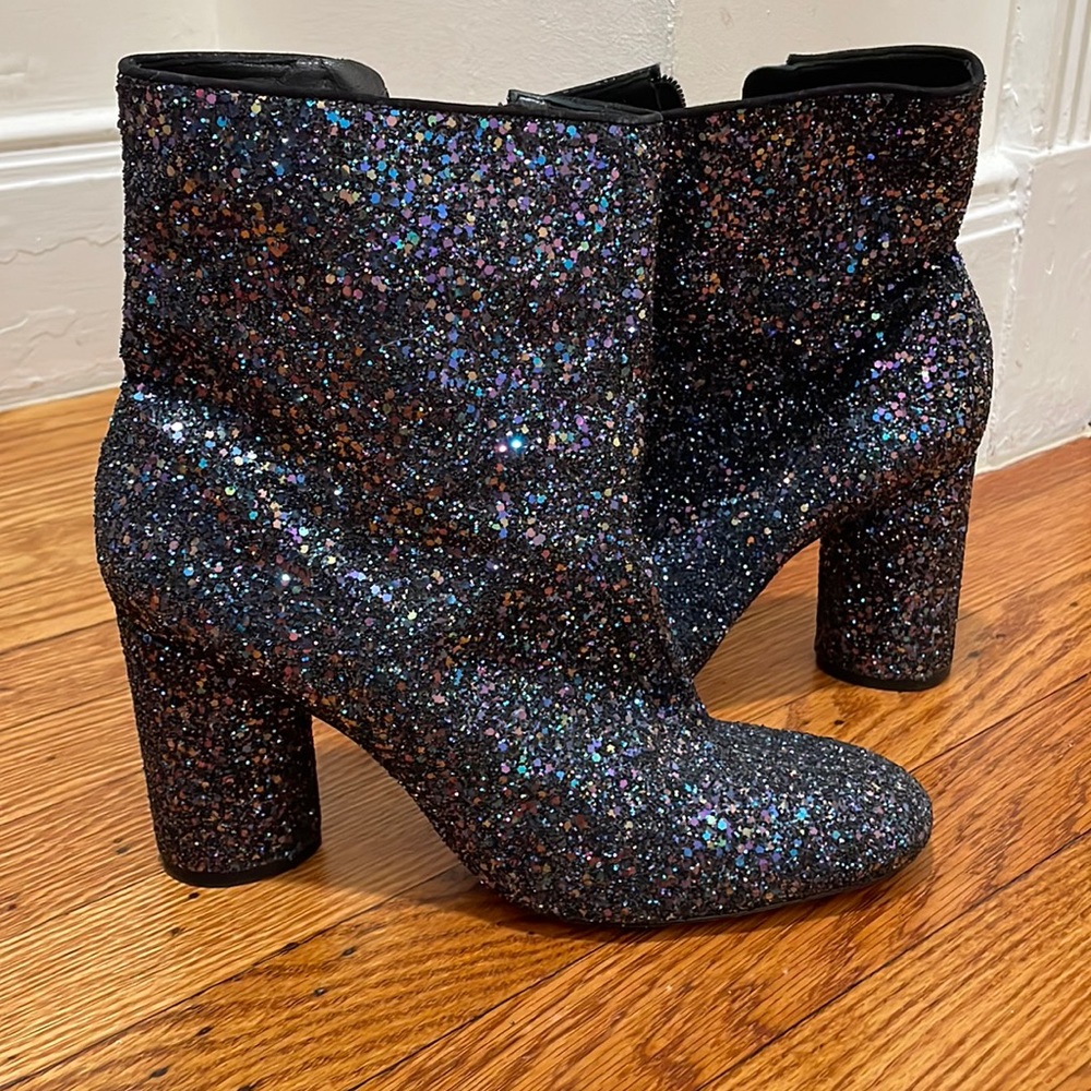 Blue glittery heeled boots from Schutz